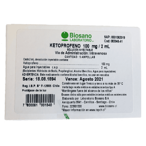 Ketoprofeno 100 mg/2 mL x 5 Ampollas Solucion Inyectable - Red de Farmacias  Online | Pharol, encuentra tu Farmacia.